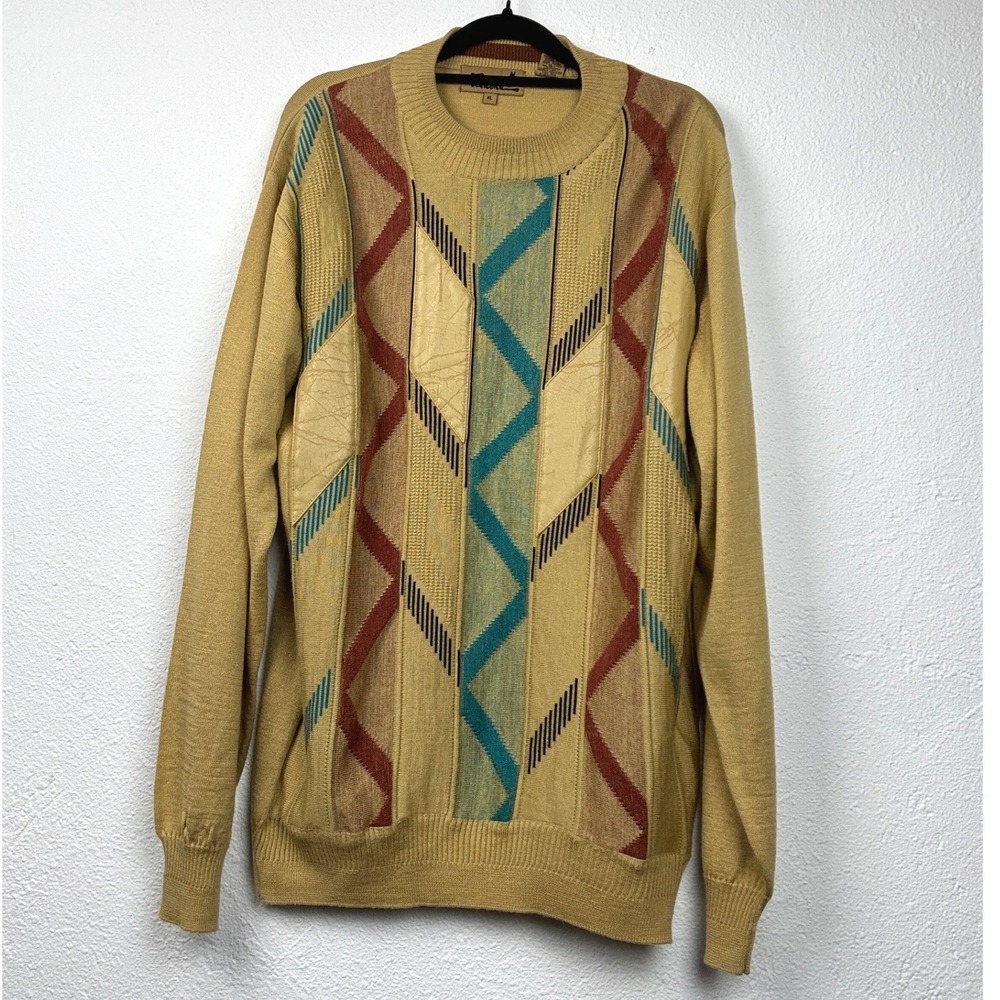 Falcone Gold Geometric Sweater - XL - Vintage Faux Leather Trim Retro Coogi